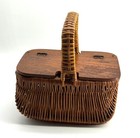 Vintage Wicker Sewing Basket Purse Wood Lid Handle Cottage Core Farmhouse