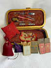 Antique Sewing Kit Bellows Accordion Box Case Mop Disc Pin Cushions Thimble