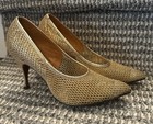 Vtg 50s Risque Stiletto Round Heel Point Toe Mesh Net Gold Leather Sexy Pump 8