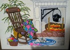 Vintage Framed Crewel Embroidery Art Chair Plants Cat Granny Square Yarn Basket
