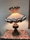 Vtg Large Wood Brass Lamp With Huge Ruffle Shade W tule Night Light In Base Mcm