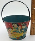 Vintage Early Japanese Tin Sand Pail-children Playing With Cooking Set  Fish