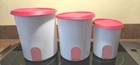New 3 Piece  One Touch Tupperware Cannister Set   white With Red Lids 