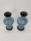    pair Of Vintage Chinese Turquoise Cloisonn   Brass Vases W  Carved Stands