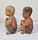 Pair Of Antique  Asian Children Hand Carved Wood Statue Figures