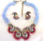 New Designer Style 3-strand Blue Pastel Crystal Rhinestone Necklace Earrings Set