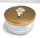 Vintage Art Deco Ribbed Glass Vanity Jar Floral Brass Tone Lid Trinket Box