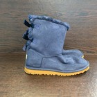 Ugg Australia Womens Boots Size 8 Blue Bailey Bow Suede Shearling Winter Midcalf
