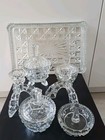 Vintage Glass Vanity Set 7 Piece Art Deco Tray Pots Ring Holder Candlesticks