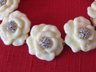 Nolan Miller Silver Tone Clear Rhinestone Cream Lucite Camellia Rose Bracelet