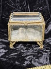 Antique French Beveled Glass Ormolu Filigree Brass Jewelry Casket Box