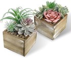  2 Pack Fake Plants Succulents Plants Artificial Plants In Wood Pots With Pink 