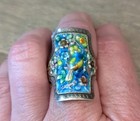 Antique Sterling Silver Enamel Chinese Bird Floral Adjustable Ring