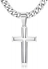 Solid 925 Sterling Silver 5mm Cuban Link Chain  Cross Necklace For Men  24 