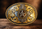 Texas Star Oval Belt Buckle Gold And Silver Tone Western Cowboy Cowgirl Rodeo