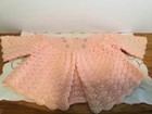 Pink Baby Sweater   Bonnet   Booties 1940   s   Blue Ribbons   Trim  White Buttons