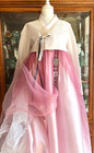 Korean Traditional Dress Hanbok Set- Ivory Top Pink Gallae Skirt   Petticoat Bag