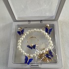 Pearl Butterfly Jewelry Set  Necklace Bracelet Ring   Earrings Blue Gold White