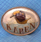 Karen Belt Buckle Custom Name Western Wood Inlay Petrified Wood Vtg 80s   nox025