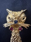Antique Gold Tone Cat Brooch Pin Metal W  Blue   Pink Stone Accents