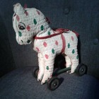 Antique Vtg Stuffed Vinyl Polka Dot Pony Horse Pull Toy Wooden Wheels Adorable 