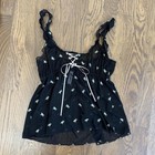 Victoria s Secret Black Mesh Floral Embroidered Camisole Tank Top Bow Lace Up M
