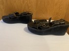 Vintage 1970   s Disco Platform Black Leather Sandal Shoes With Buckle- Size 6 5  