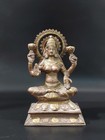 18th C Indian Bronze Sculpture Hindu Lakshmi God Seating Dual Louts Base Statue