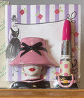 2004 Vanity Pad Holder   Pen Set Pink Hat lipstick Lady Notepad  892 Nrfb Vtg