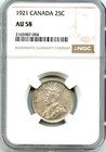 Canada 1921 Silver 25 Cents   Nearly Unc   Ngc Graded Au-58
