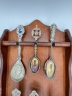 Souvenir Spoon Lot 9 Silver Tone Enamel Spoons Wood Display Rack Collector