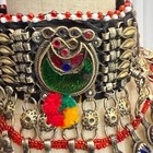 Vintage Tribal Choker Necklace Boho Coin Bib Red Green Glass Statement Piece 