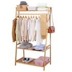 Bamboo Coat Garment Rack Stand Clothes Storage Shoes Closet Organizer W  Shelves