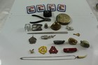 Vintage Junk Drawer Lot - Pocketknife Thimble Bell Patches Necklace Figurines