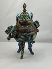 Vintage Chinese Silver Filigree Enamel Censer Dragon Handles Jade Turquoise 7 