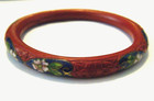 Rare Vintage Chinese Carved Red Cinnabar With Cloisonne Inlay Bangle Bracelet