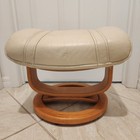 Vintage Danish Modern Ekornes Style Leather Footstool Ottoman Wood Base Beige