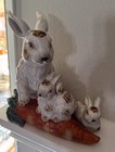 Vintage Majolica Glazed Pottery Bunny Rabbit 11   x 11    W babies Carrot Large