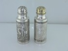 Rare Sterling Silver Whiting Salt   Pepper Shakers Aesthetic Acid Etched Designs