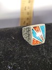 Vintage    casting On Parade   southwestern Turquoise Inlay Men   s Ring-pewter signed