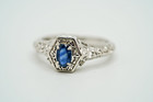 Vintage Ornate Sterling Silver Natural Sapphire Diamond Accent Ring Size 7