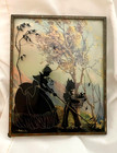 Charming Pair Vintage Silhouette Convex Bubble Glass Pictures Boy Mother 4x5