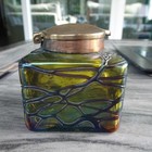 Bohemian Loetz Kralik Threaded Veined Iridescent Glass Square Inkwell Brass Top