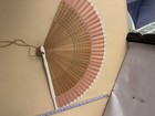 Vtg Wall Hanging Wood cloth Intricate Pattern With Silver Trim Hand Fan