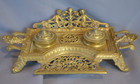 Superb Antique Victorian Gilt Cast Brass Couble Inkwell Cupids Gargoyles C 1890