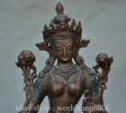 9 2  Antique Chinese Purple Bronze Inlay Gem Dynasty Green Tara Goddess Statue