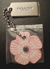 Coach Pink Tea Rose Leather Flower Tag silver Tone Metal Tag Mini Keychain Nwt