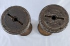 Pair Antique Wooden Industrial Textile Mill Spools With Metal Ends  9 5 x5  