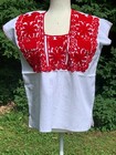 Maya Mexican Blouse Top Embroidered Flowers Huipil Chiapas White Red S m 1862