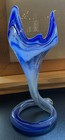 Vintage Art Glass Blue   White Swirl Trumpet Vase
